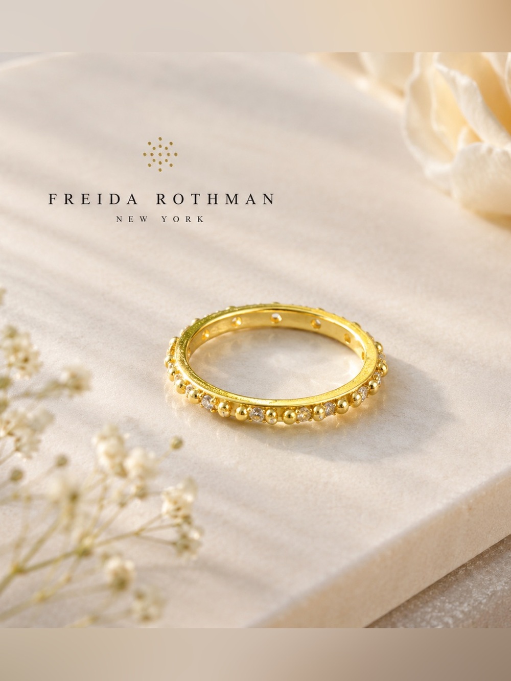 Freida Rothman Gold Beaded Pavé Stack Ring
